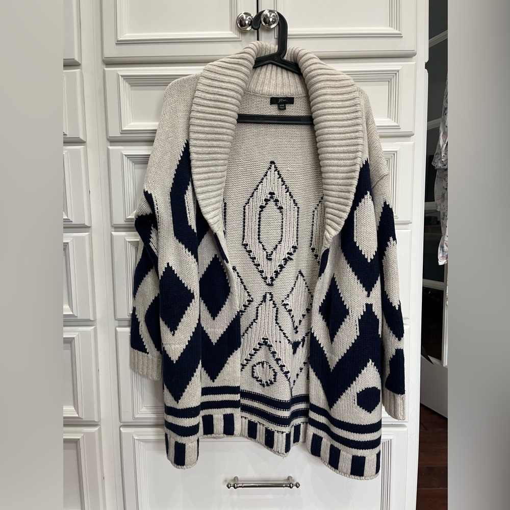 J. Crew Nordic Fair Isle Cardigan Sweater Oversized Blue Beige Shawl Collar XXS